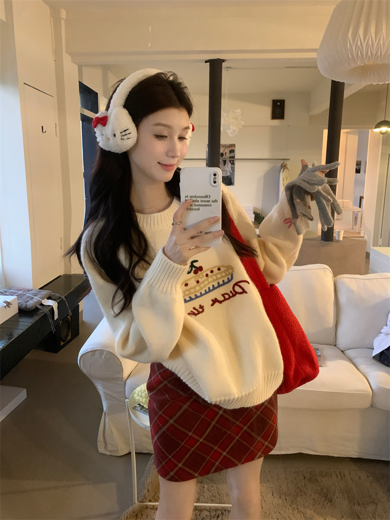 實拍 秋冬慵懶厚實提花設計感保暖針織毛衣+格子半身裙