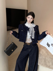 Retro sexy little fragrant jacket + lace T-shirt inner top + wide-leg jeans suit for women