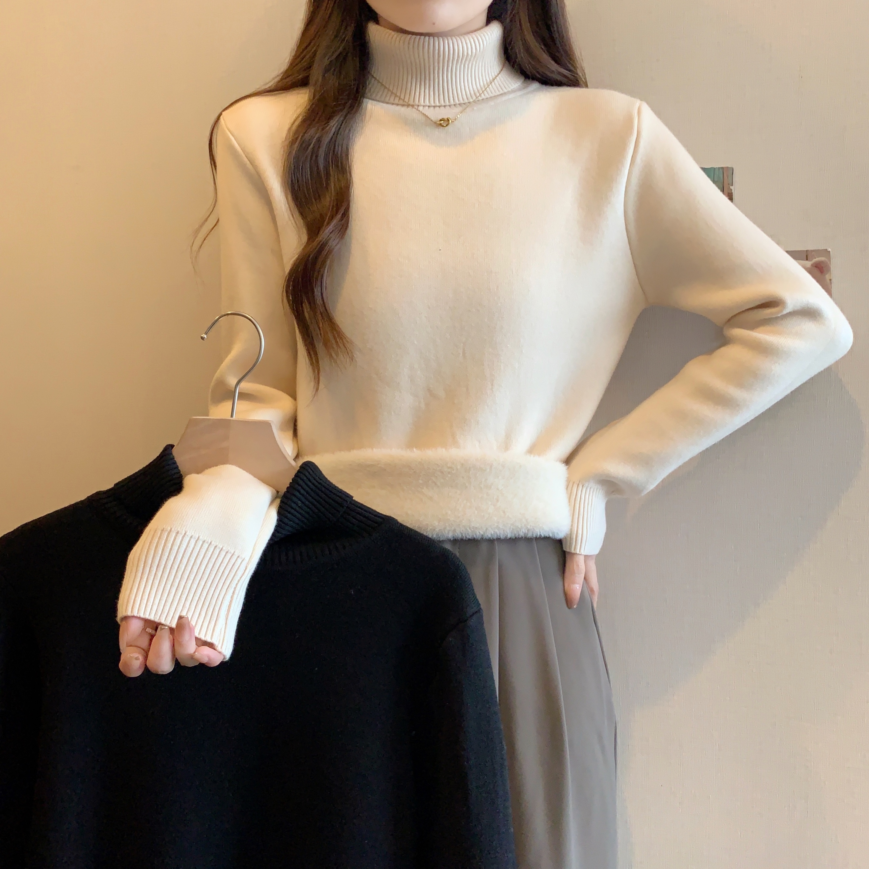 Photographed Large winter new integrated lined versatile simple high neck turtleneck knit top women's base shirt top