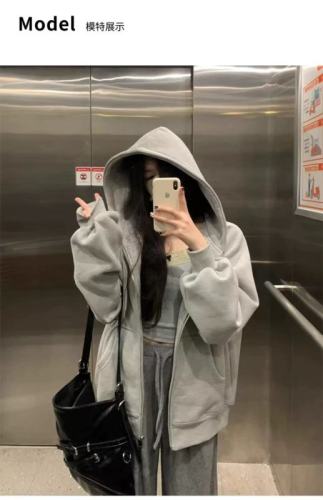 Gray hooded sweatshirt for women, loose, lazy, versatile, casual, thin jacket