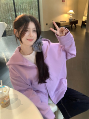 Autumn and winter Korean chic hand-made a simple and versatile hooded plus velvet warm sweatshirt jacket