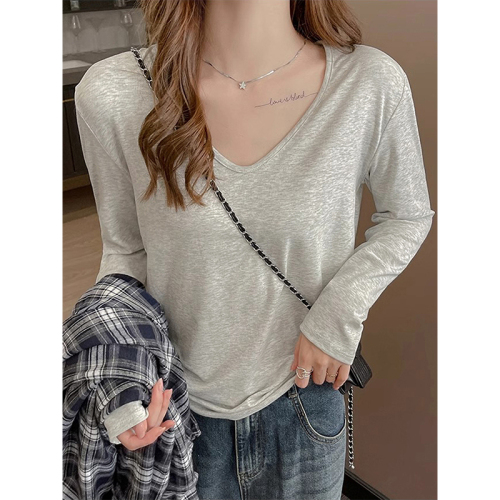 Official picture 210g pure cotton threaded U-neck long-sleeved T-shirt for women spring and autumn bottoming shirt with light plate blank version inside