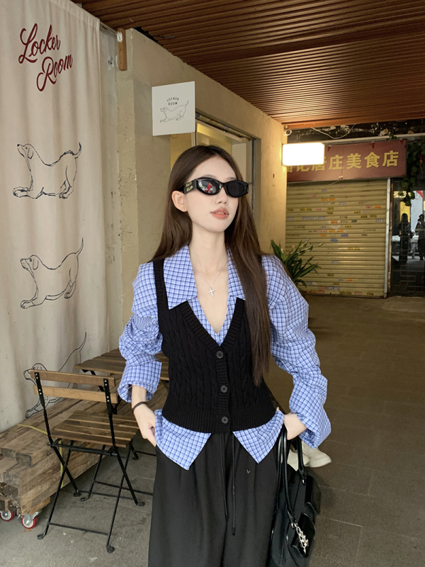 Plaid shirt two-piece long-sleeved fashion retro versatile contrasting color