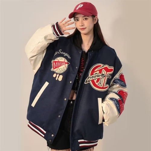 Original method American woolen patchwork leather towel embroidered high street baseball uniform women's autumn and winter jacket