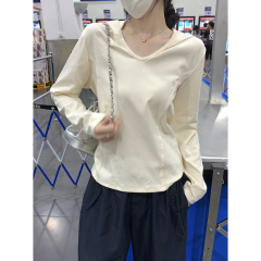 Actual shot of autumn and winter Korean style loose and versatile hooded fishbone design pure cotton long-sleeved inner T-shirt top for women