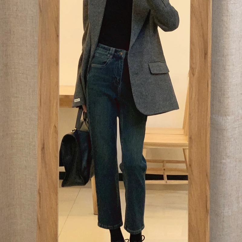 High-waisted straight-leg jeans for women in spring and autumn, loose and slim, narrow-fit winter pants for small people.