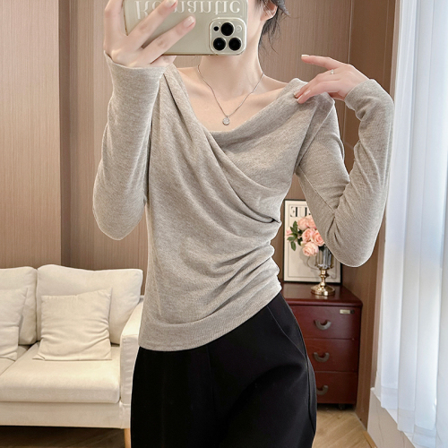 Can be worn in many ways, French velvet thickened winter pure desire long-sleeved T-shirt irregular hot girl niche off-shoulder bottoming shirt