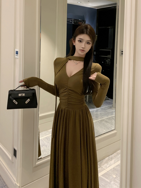 Retro sexy V-neck pleated ribbon slim slim A-line knitted dress long skirt for women