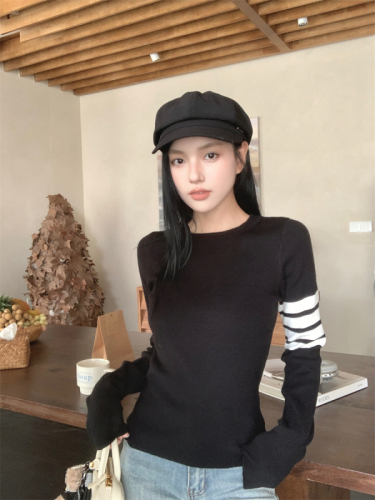 Spot price French college style sweater autumn and winter new retro striped long-sleeved bottoming shirt slim fit