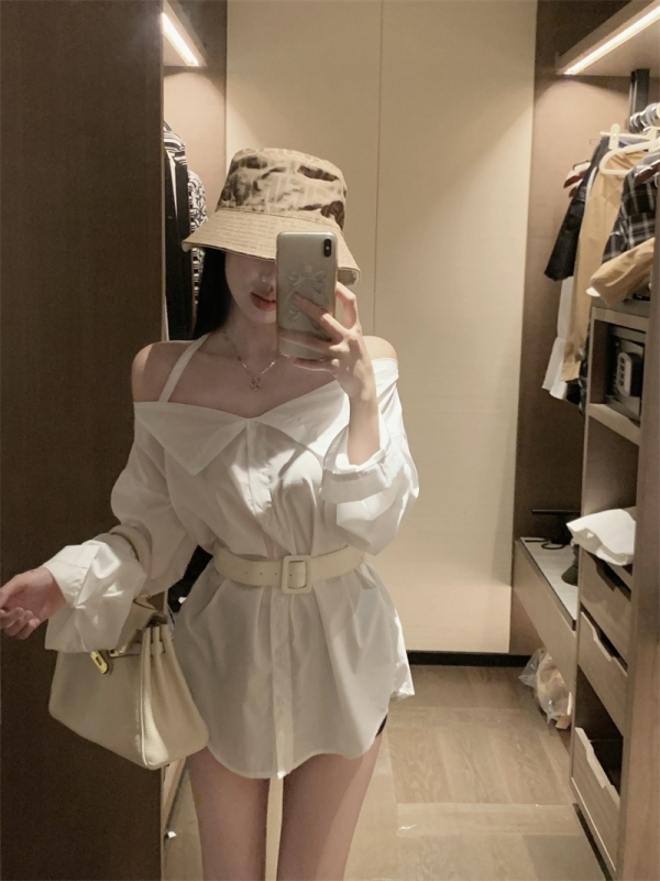 Pure lust hottie halterneck off-shoulder white long-sleeved design one-shoulder sun protection shirt top for women