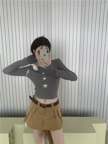 Actual shot ~ Textured T-shirt for women, autumn new style, short design, niche, slim, high-end, long-sleeved top