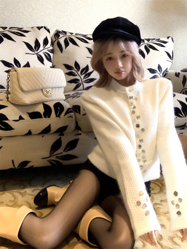 Multi-button design plush short coat cardigan off-white top autumn