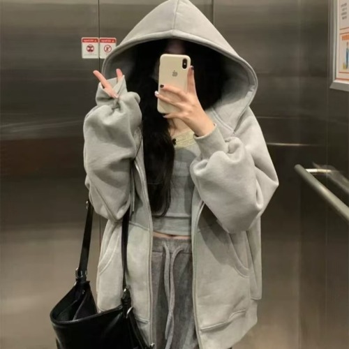 Gray hooded sweatshirt for women, loose, lazy, versatile, casual, thin jacket