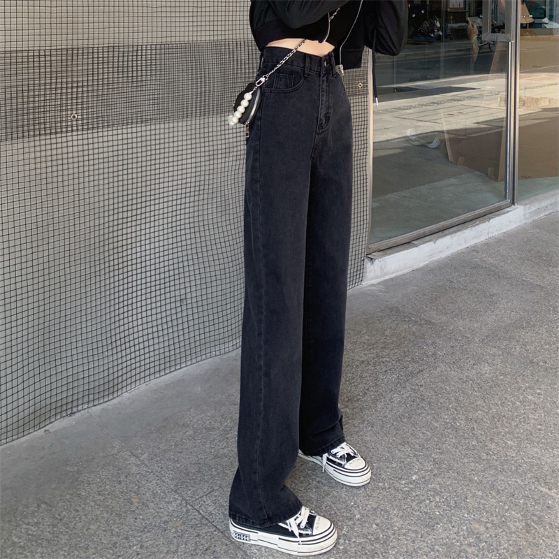 Autumn high-waisted black and gray jeans, versatile straight trousers