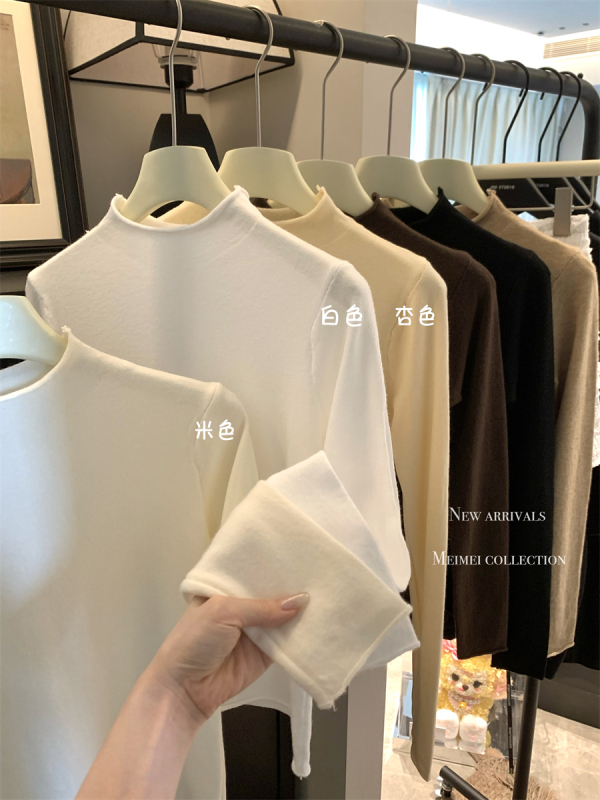 Core-spun yarn personalized curling knitted sweater half turtleneck pullover bottoming sweater for women