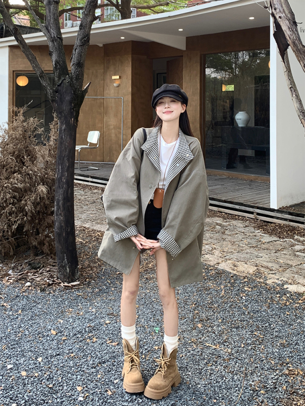 Autumn and winter Korean chic simple reversible plaid warm coat windbreaker cardigan