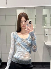 Retro hot girl plaid splicing mesh lace bottoming slim long-sleeved T-shirt top