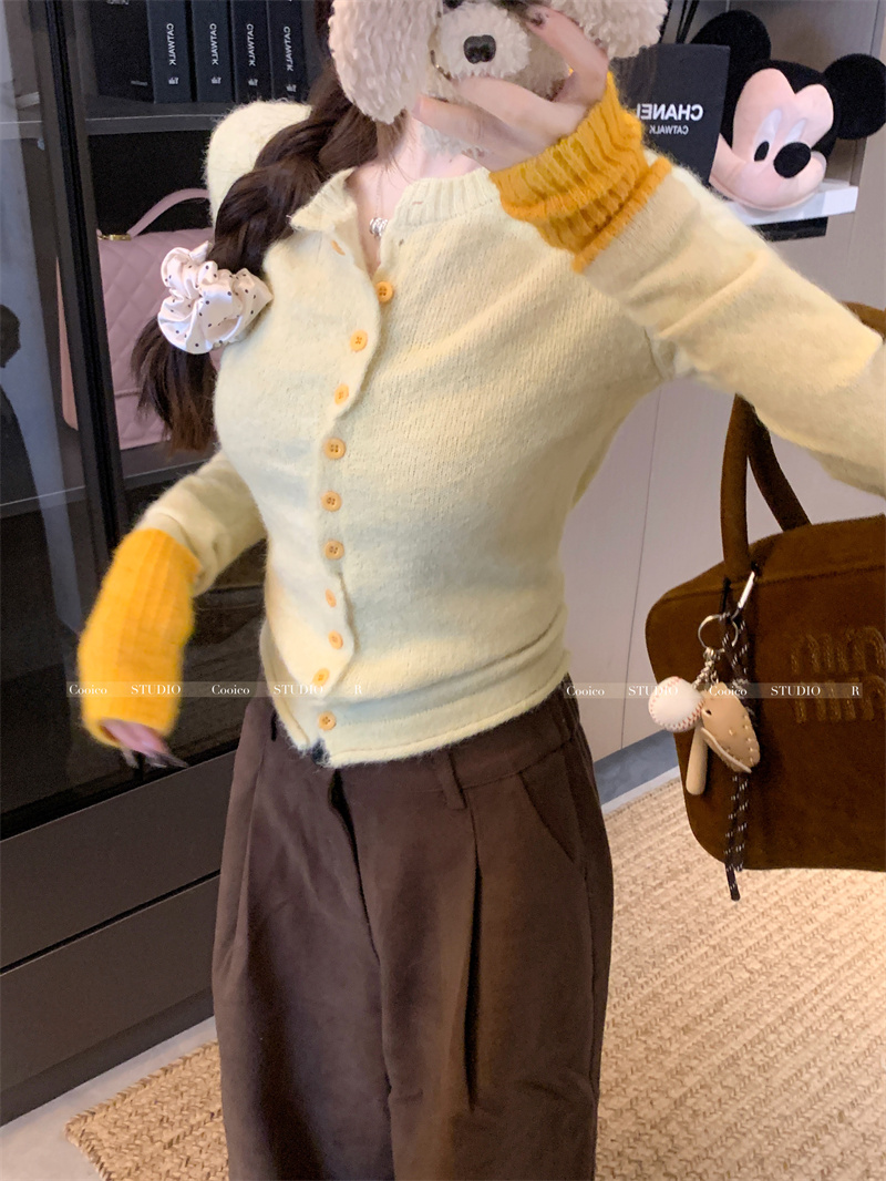 Shot Collage Knit Sweater for Women - Autumn New Soft and Chewy Open Cardigan with Round Neck and Long Sleeve Loose Style Top