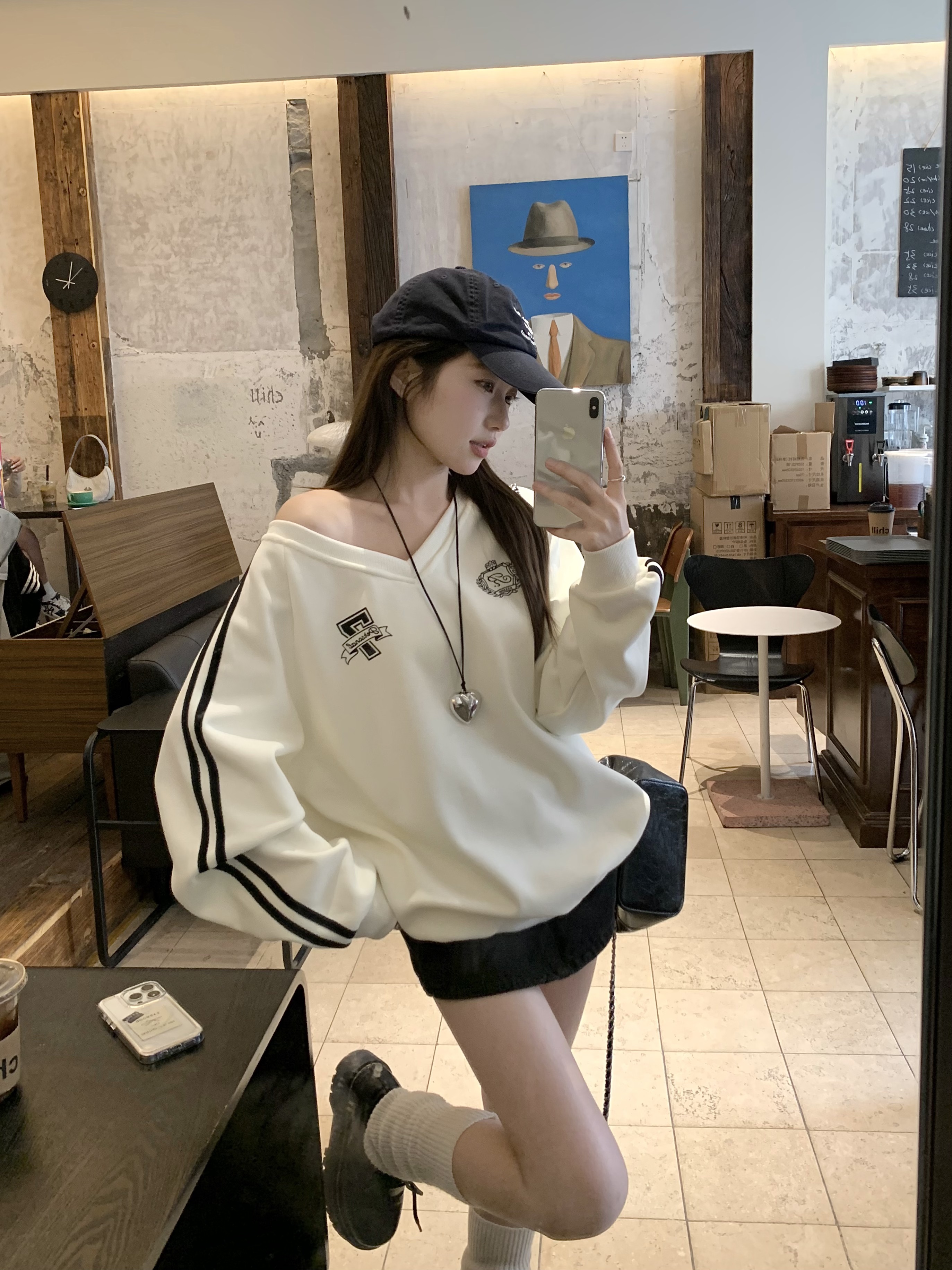 實拍美式慵懶chic衛衣女秋季新款休閒風寬鬆酷一字斜露肩上衣