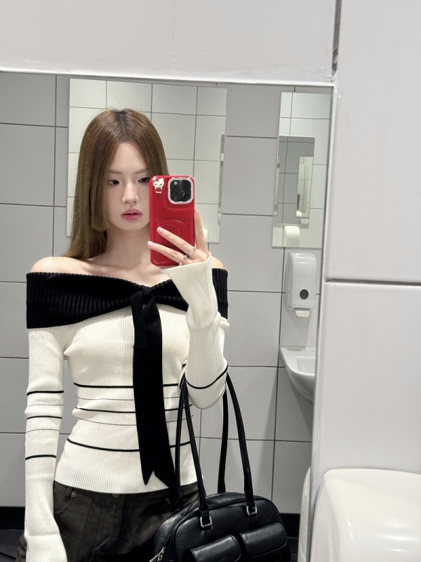 ~White striped one-shoulder sweater for women, designer contrast top, navy collar top