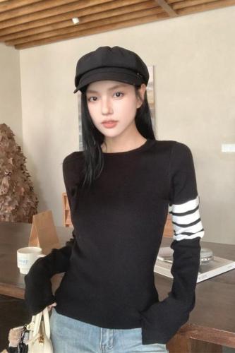 Spot price French college style sweater autumn and winter new retro striped long-sleeved bottoming shirt slim fit