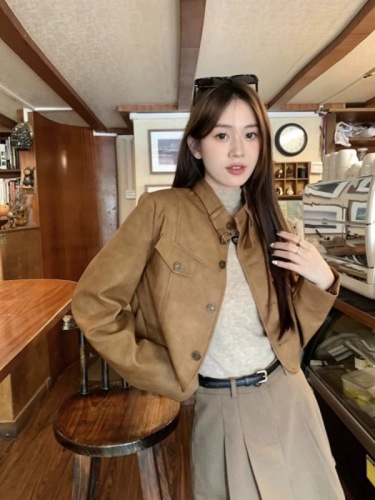 Retro leather jacket for women autumn 2024 new design small short loose motorcycle suit long-sleeved jacket