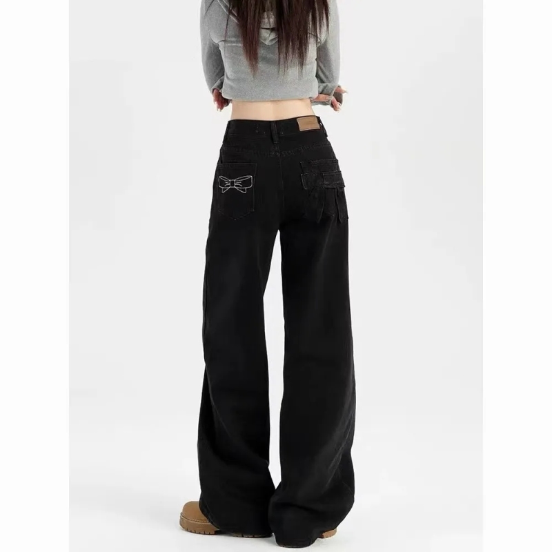 Korean black narrow wide-leg jeans for women in autumn and winter new design high-waisted loose drape slim floor-length pants