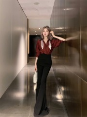 Fashionable retro temperament silk scarf design versatile shirt + super easy to wear drape slightly flared trousers