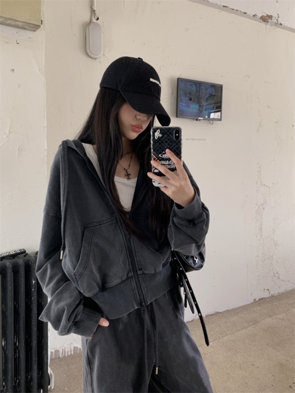American sports retro washed black short sweatshirt jacket design wide leg sweatpants casual suit