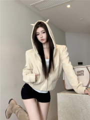 Little Devil American Retro Buckskin Jacket Top Autumn Hooded Zipper Sweater Coat Women