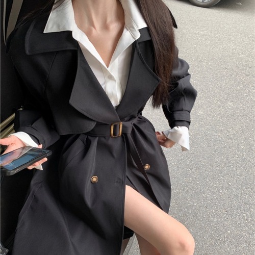 Actual shot ~ High-end, fashionable and stylish slim-fitting waist slimming windbreaker 2024 autumn new mid-length jacket