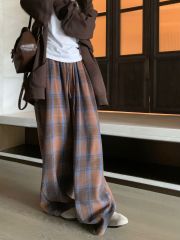 Photographed 2024~ Maillard System Woolen Retro Check Pattern Versatile Loose Wide Leg Pants with Thick Checkered Long Pants