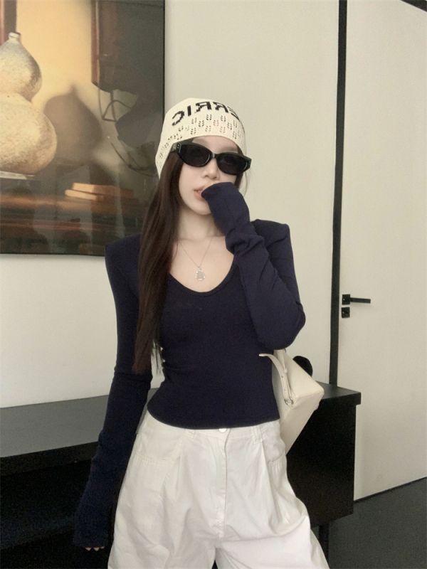 Early Autumn Right Shoulder Wide Collar Elastic Slim Fit Solid Color Versatile Mask T Bottoming Shirt for Women