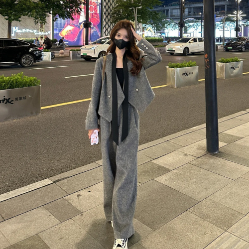 Liixu high-end V-neck streamer woolen suit jacket women's autumn casual straight pants two-piece set solid color