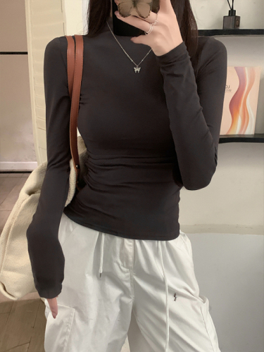 Half turtleneck bottoming shirt for women early autumn long-sleeved versatile pleated T-shirt slim fit inner top