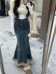 Real shot!  New Autumn and Winter Versatile Furry Skirt Fishtail Skirt High Waist Half Denim Skirt for Women
