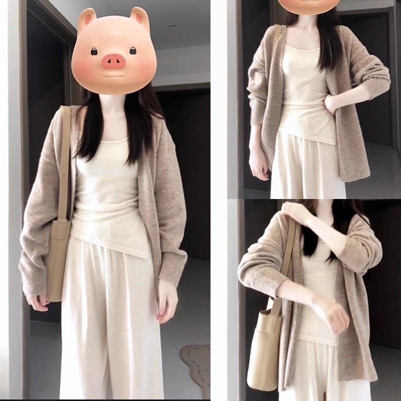Knitted Cardigan Coat Khaki Long Sleeve Loose Sweater Women Lazy 