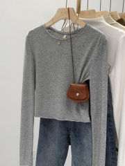 Picture pink rolled edge round neck bottoming right shoulder short long sleeve T-shirt women's autumn new hot girl top