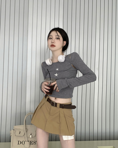 Actual shot ~ Textured T-shirt for women, autumn new style, short design, niche, slim, high-end, long-sleeved top