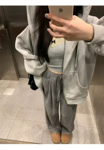 Gray hooded sweatshirt for women, loose, lazy, versatile, casual, thin jacket