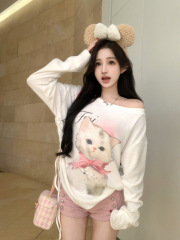 Cute cat print loose blouse long sleeve off-shoulder off-shoulder top