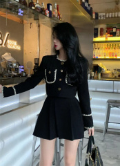 Early autumn high-end street style short black jacket + versatile pleated skirt two-piece set