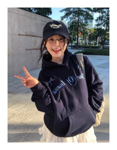 Heavy cotton navy blue hooded sweatshirt for women autumn and winter 2024 new American style niche loose couple top trend