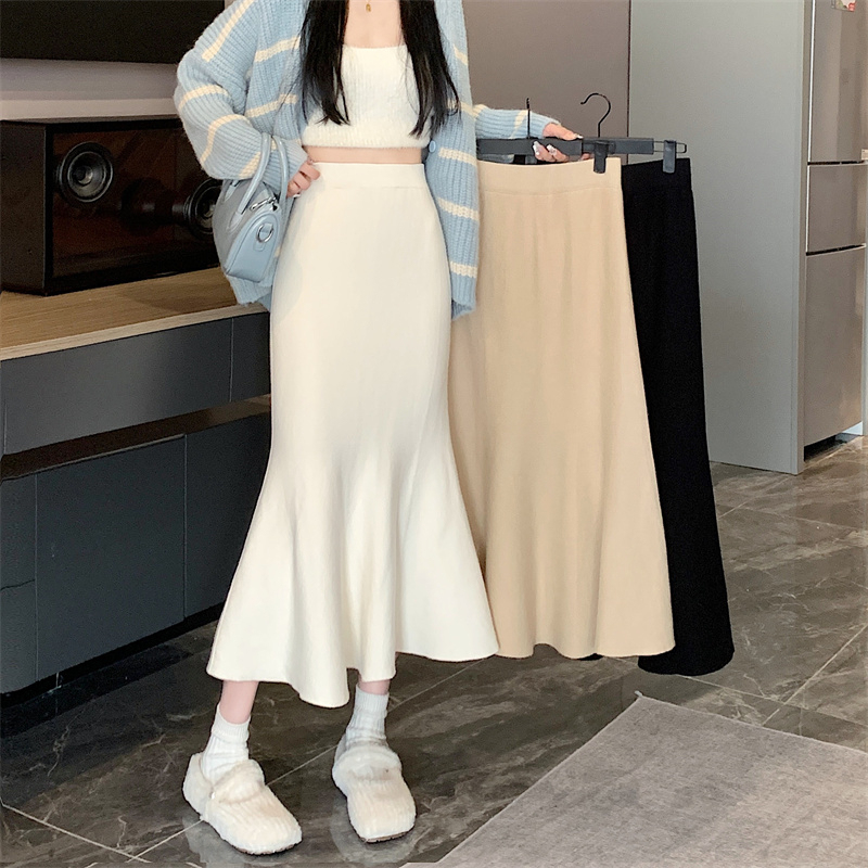 Sweet and Spicy Style Slim High Waist Fishtail Skirt Women's Autumn and Winter Versatile Thickened Knitted Skirt Slimming Mid-Length A-Line Skirt