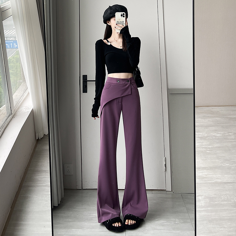 Actual shot of fake two-piece black wide-leg suit trousers for women, autumn design, slim butt curtain culottes, straight flared trousers for women