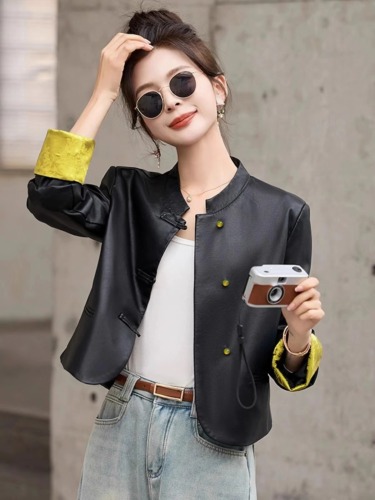 2024 Spring and Autumn Korean version versatile casual high-end retro fashion leather jacket for women with temperament and slim fit suit jacket