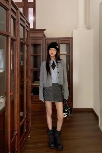 Korean college style gray round neck knitted cardigan + shirt + polka dot skirt suit for women