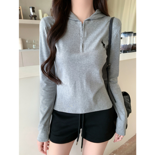 Real shot 40 count pure cotton solid color half zipper hooded long sleeve T-shirt women's embroidered bottoming shirt