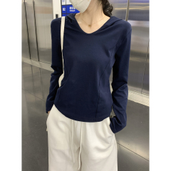 Actual shot of autumn and winter Korean style loose and versatile hooded fishbone design pure cotton long-sleeved inner T-shirt top for women