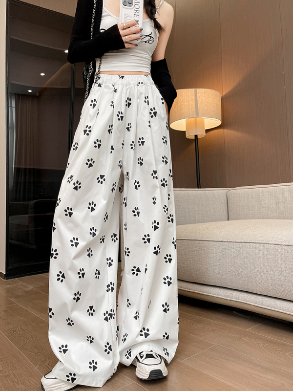 American Retro Casual Pants Women's 2024 New Dog Footprint Floral Loose Straight Pants Sports Pants